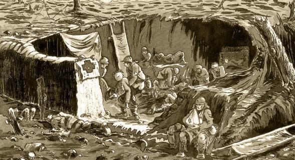 Lucien Laby dessine l'un des postes de secours où il a porté les premiers soins aux blessés du front
