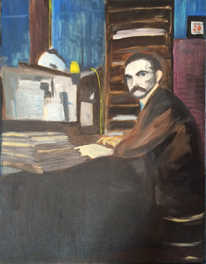 Paul Hess prenant ses notes, portrait réalisé d'après une photographie par Remi Hess, son petit-fils
